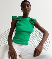 New Look Green Ribbed Crew Neck Short Frill Sleeve Top